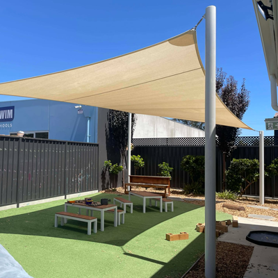 free-standing-pre-school-shade-sail Free standing shade sail over preschool seating